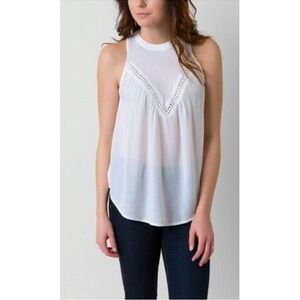 Volcom Womens White Crochet Lace Trim Gauze Halter Tank Top XS Relaxed Breezy